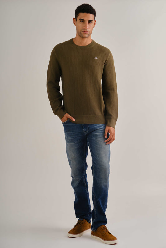 Micro Textured Cotton Crew Neck Sweater Juniper Green / M