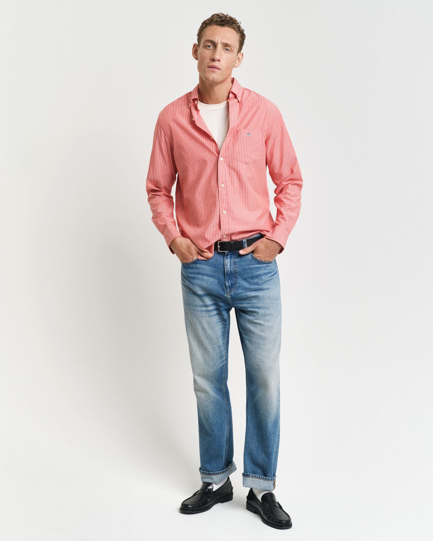 Reg Classic Poplin Stripe Shirt STRONG CORAL / S