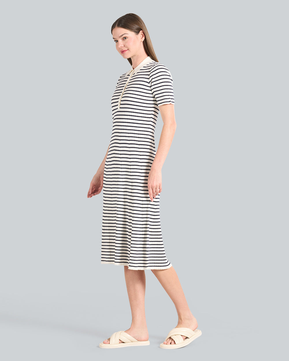 Striped Rib Knit Short Sleeve Rugger Dress Striped Rib Knit Short Sleeve Rugger Dress