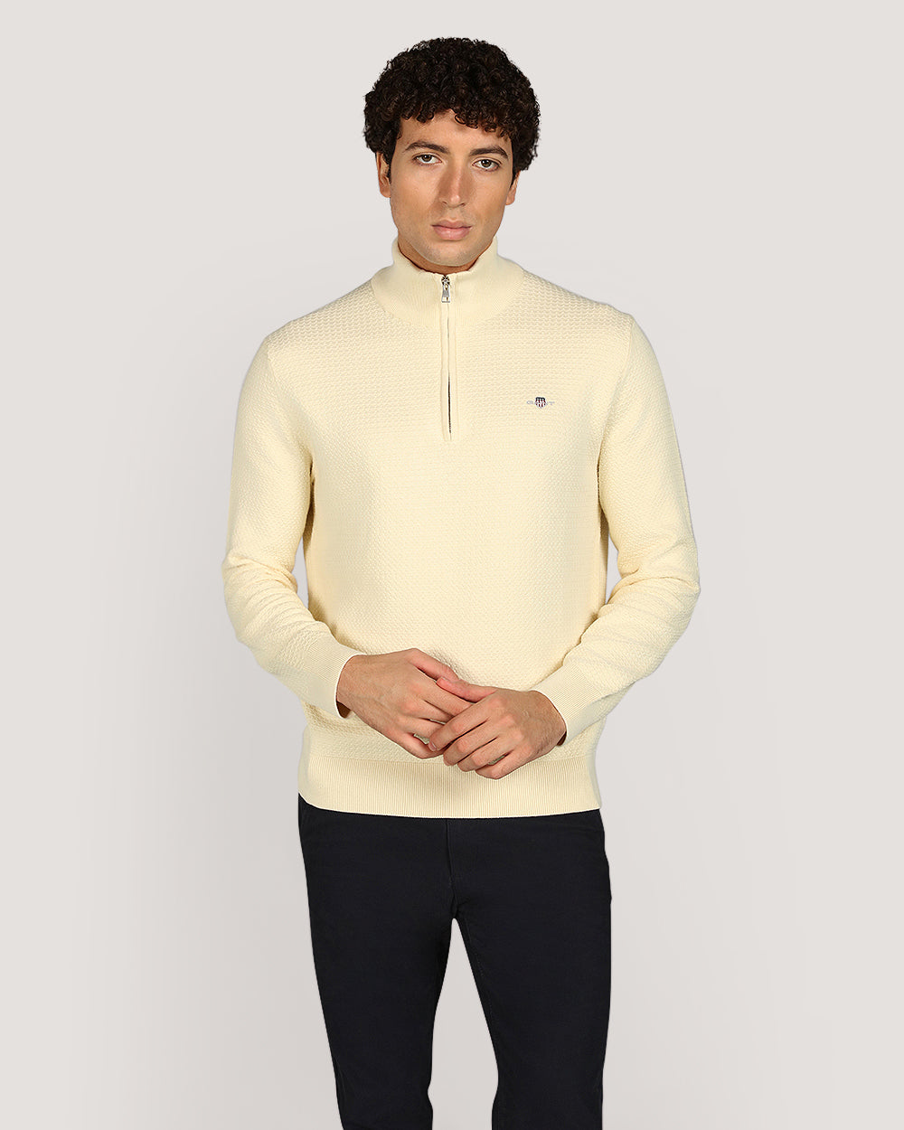 Gant Menswear Textured Cotton Half Zip Sweater CREAM / M