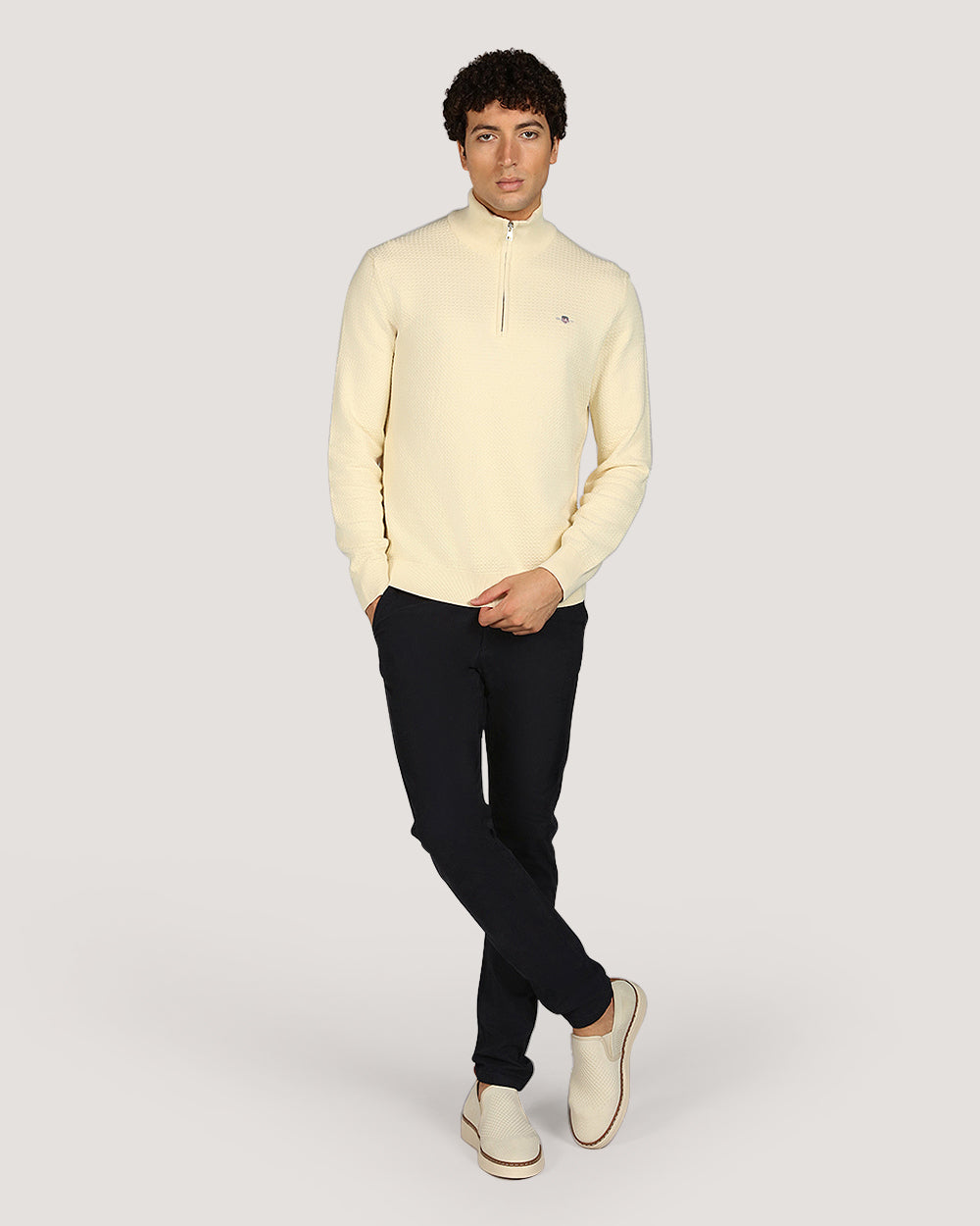 Gant Menswear Textured Cotton Half Zip Sweater CREAM / M