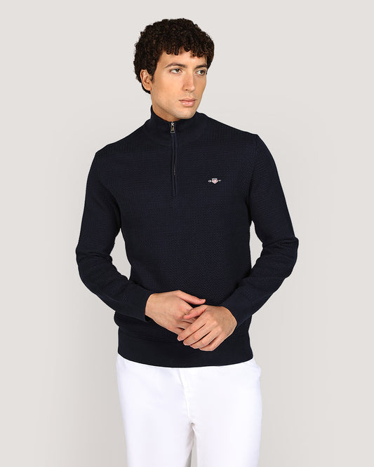 Gant Menswear Textured Cotton Half Zip Sweater EVENING BLUE / M