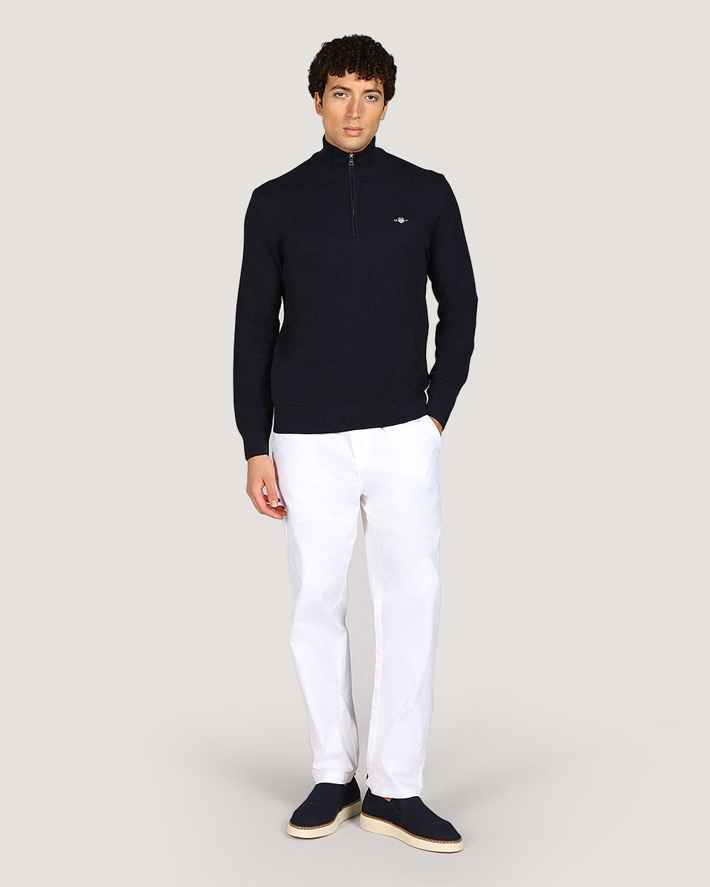 Gant Menswear Textured Cotton Half Zip Sweater EVENING BLUE / M