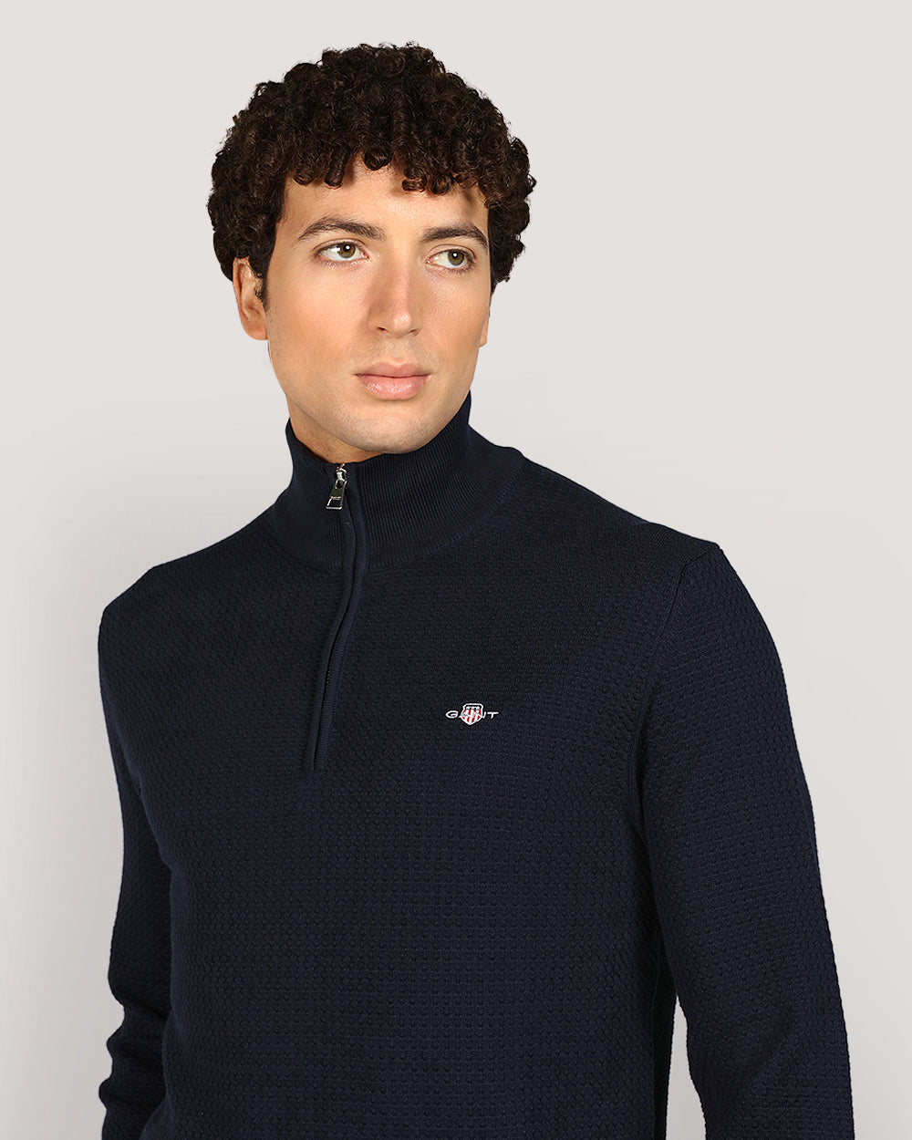 Gant Menswear Textured Cotton Half Zip Sweater EVENING BLUE / M