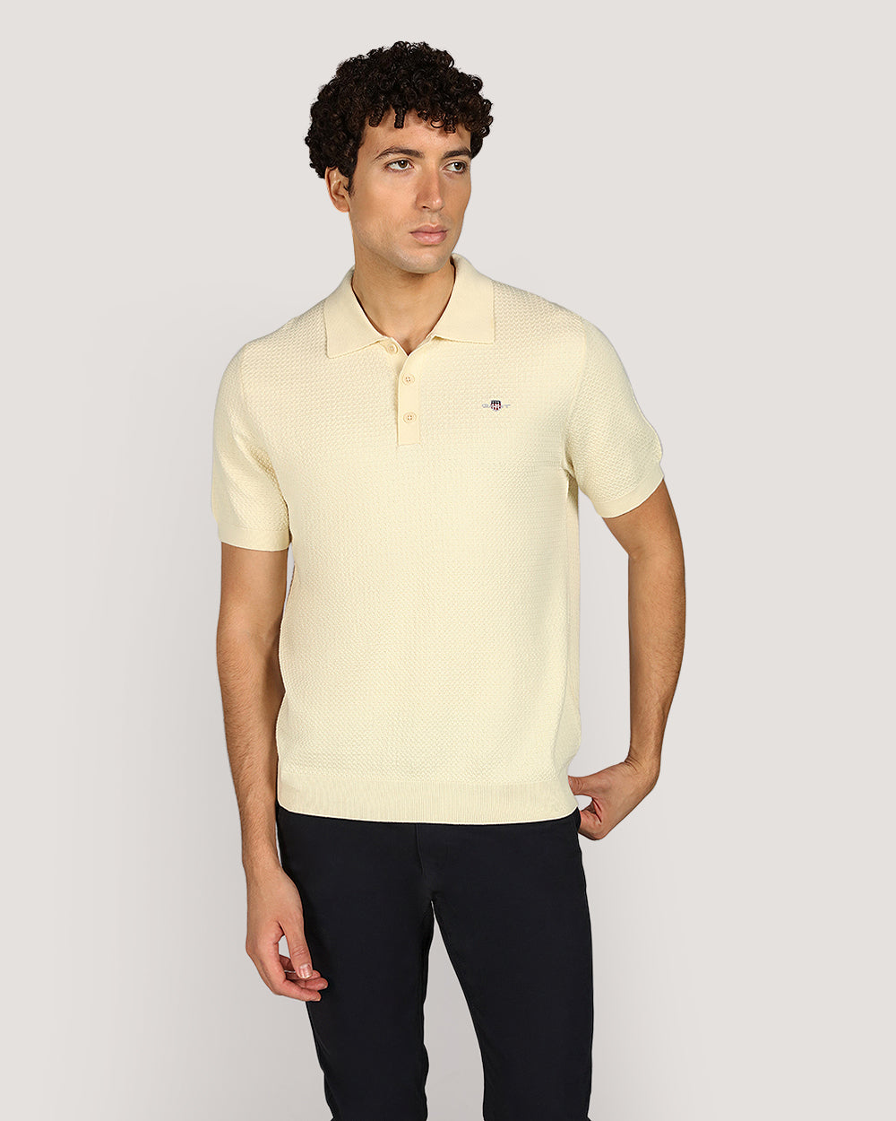 Gant Menswear Textured Cotton Short Sleeve Polo Sweater CREAM / M