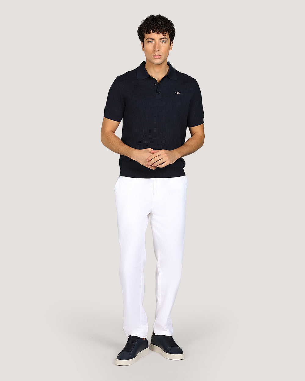 Gant Menswear Textured Cotton Short Sleeve Polo Sweater EVENING BLUE / M