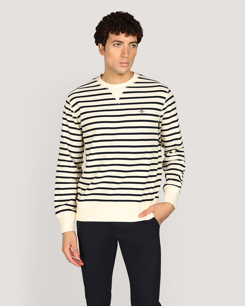 Gant Striped Waffle Crew Neck Sweatshirt For Men CREAM / M