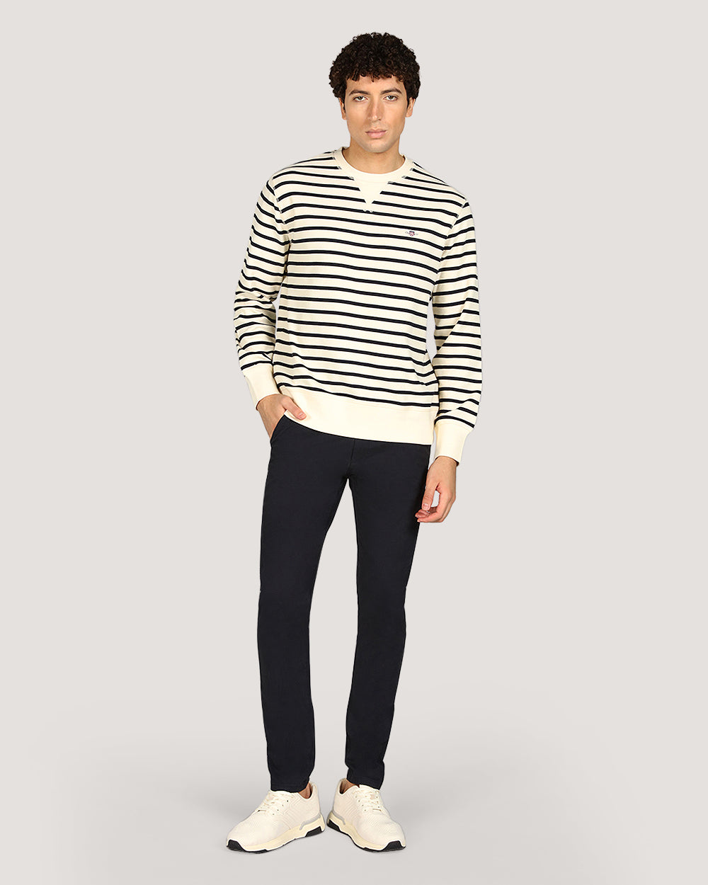 Gant Striped Waffle Crew Neck Sweatshirt For Men CREAM / M