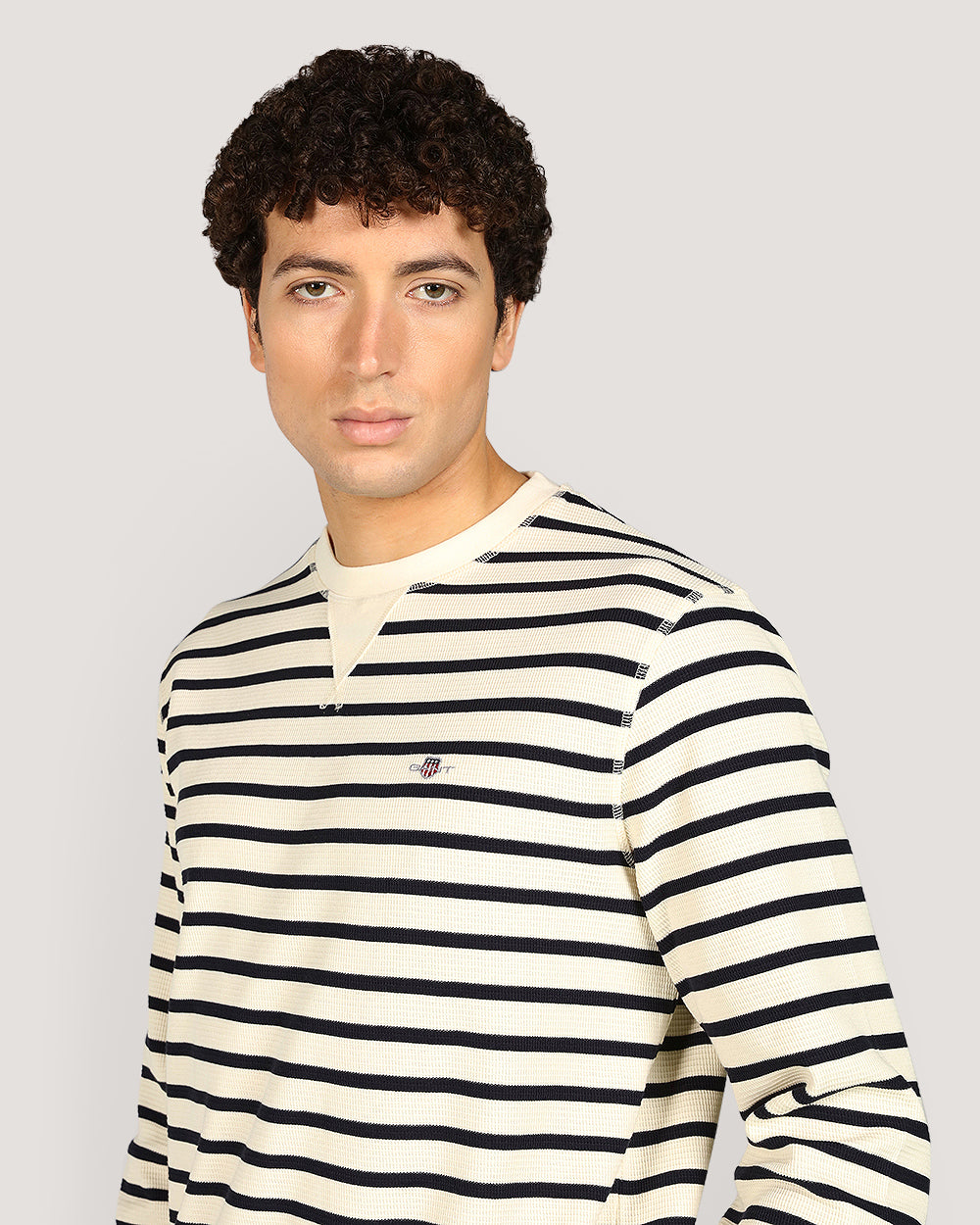 Gant Striped Waffle Crew Neck Sweatshirt For Men CREAM / M