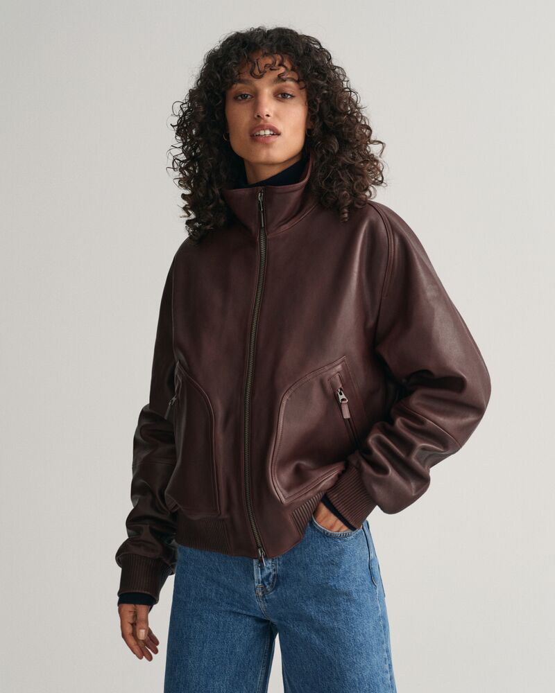 Leather Bomber Jacket Dark Mahogany / M