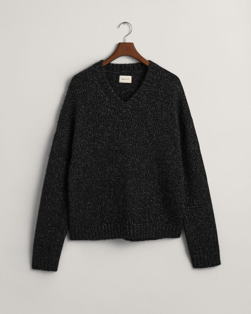 Shiny Alpaca Wool V-Neck Sweater Black / S