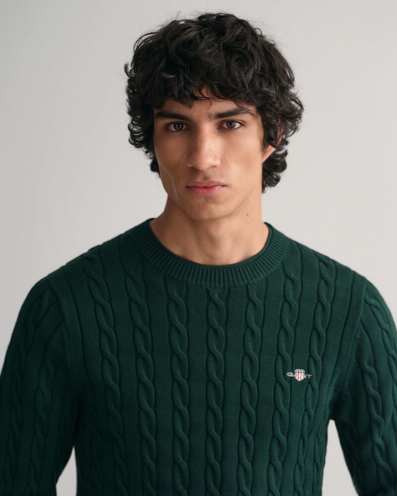 Cotton Cable Knit Crew Neck Sweater Tartan Green / S