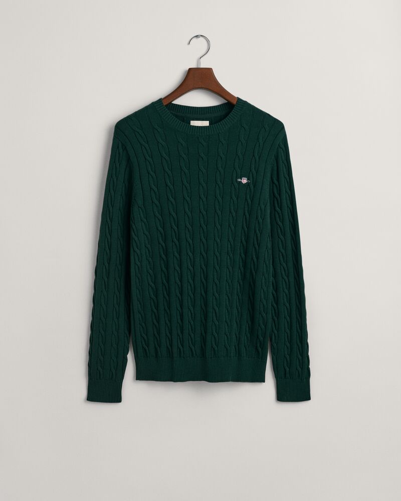 Cotton Cable Knit Crew Neck Sweater Tartan Green / S