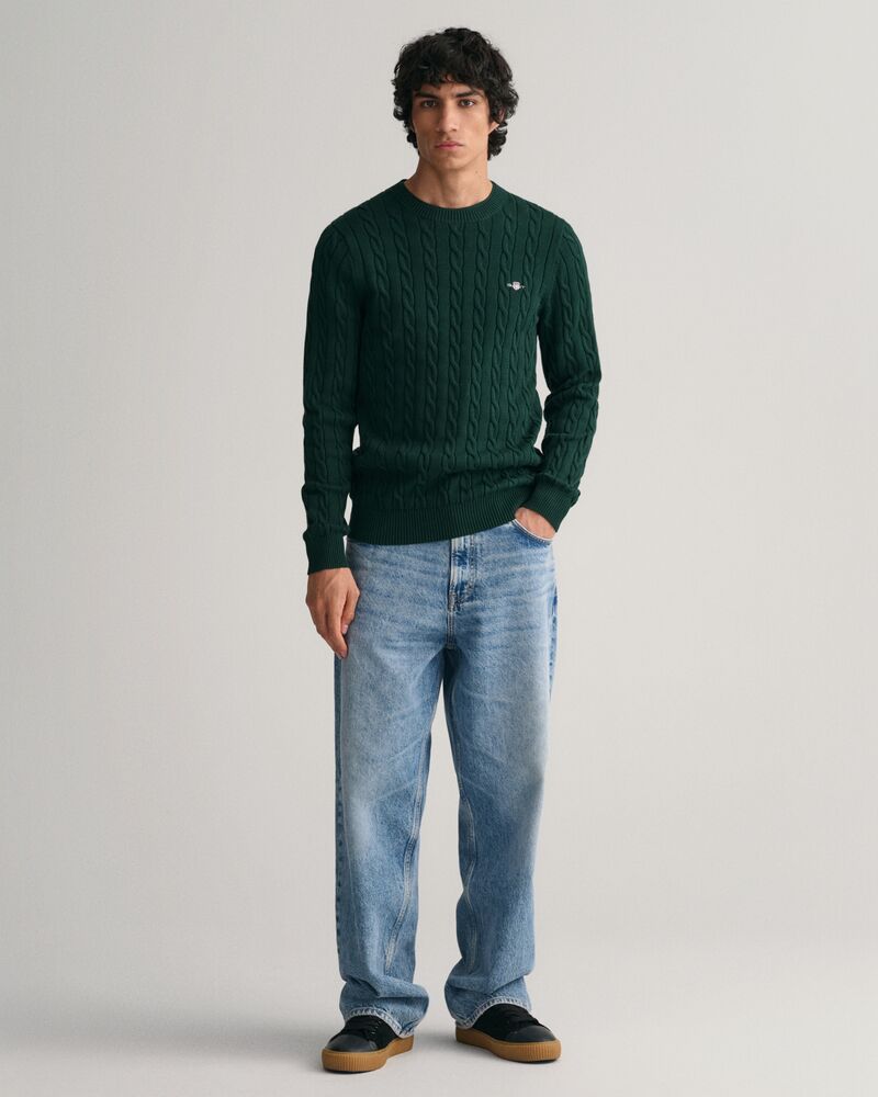 Cotton Cable Knit Crew Neck Sweater Tartan Green / S