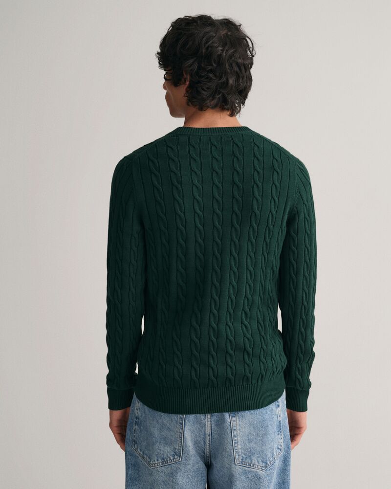 Cotton Cable Knit Crew Neck Sweater Tartan Green / S