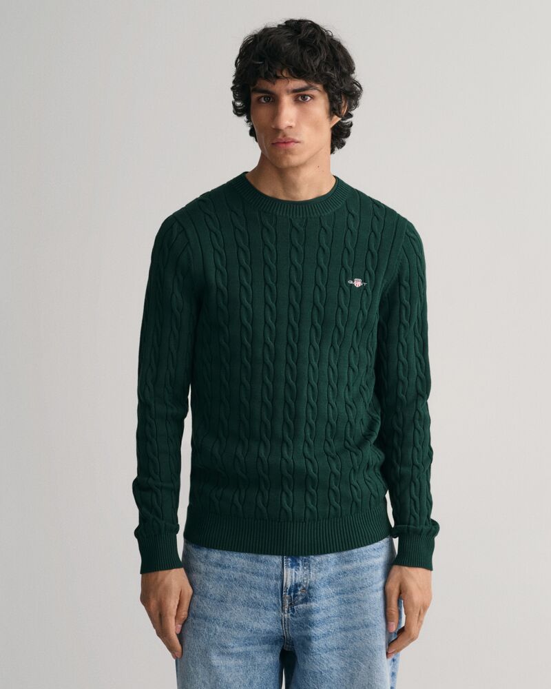 Cotton Cable Knit Crew Neck Sweater Tartan Green / S