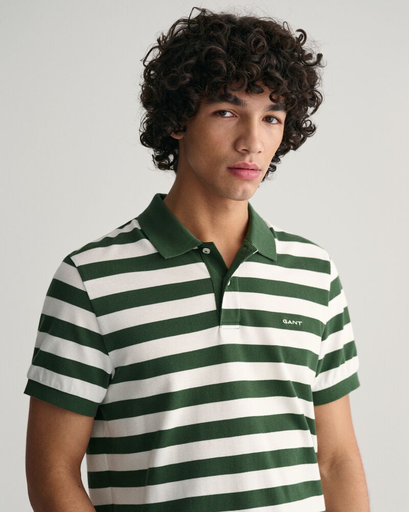Wide Striped Piqué Polo Shirt S / PINE GREEN