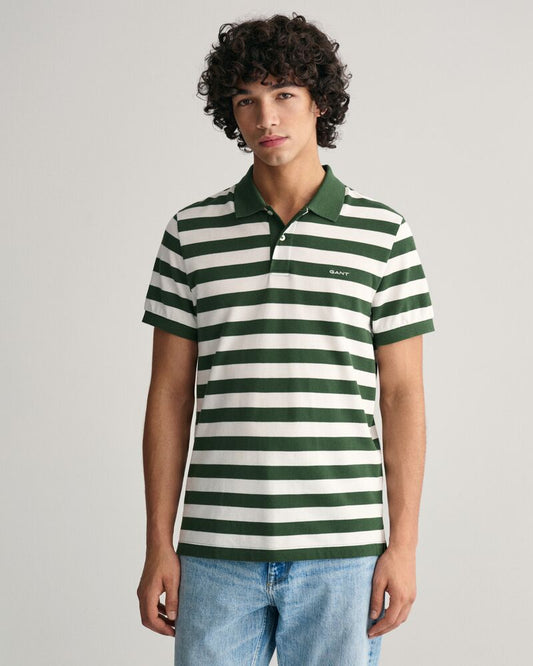 Wide Striped Piqué Polo Shirt S / PINE GREEN