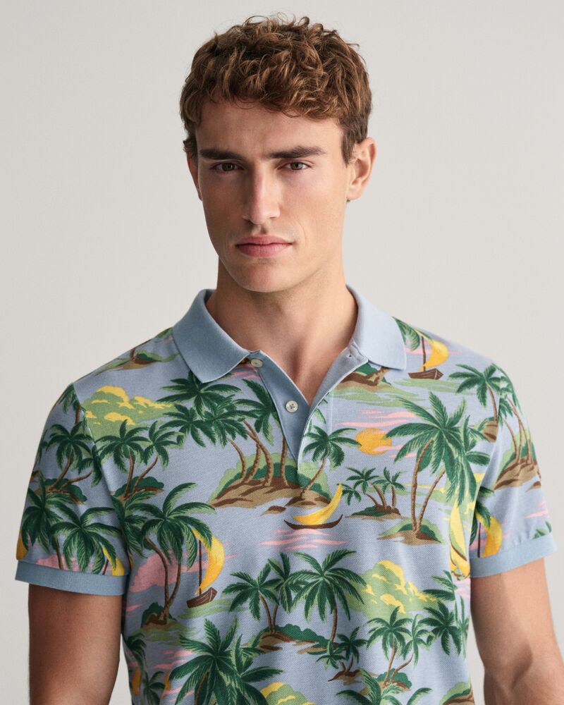 Hawaiian Print Polo Shirt S / DOVE BLUE