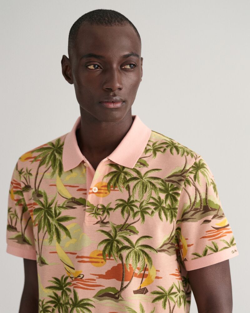 Hawaiian Print Polo Shirt S / PEACHY PINK
