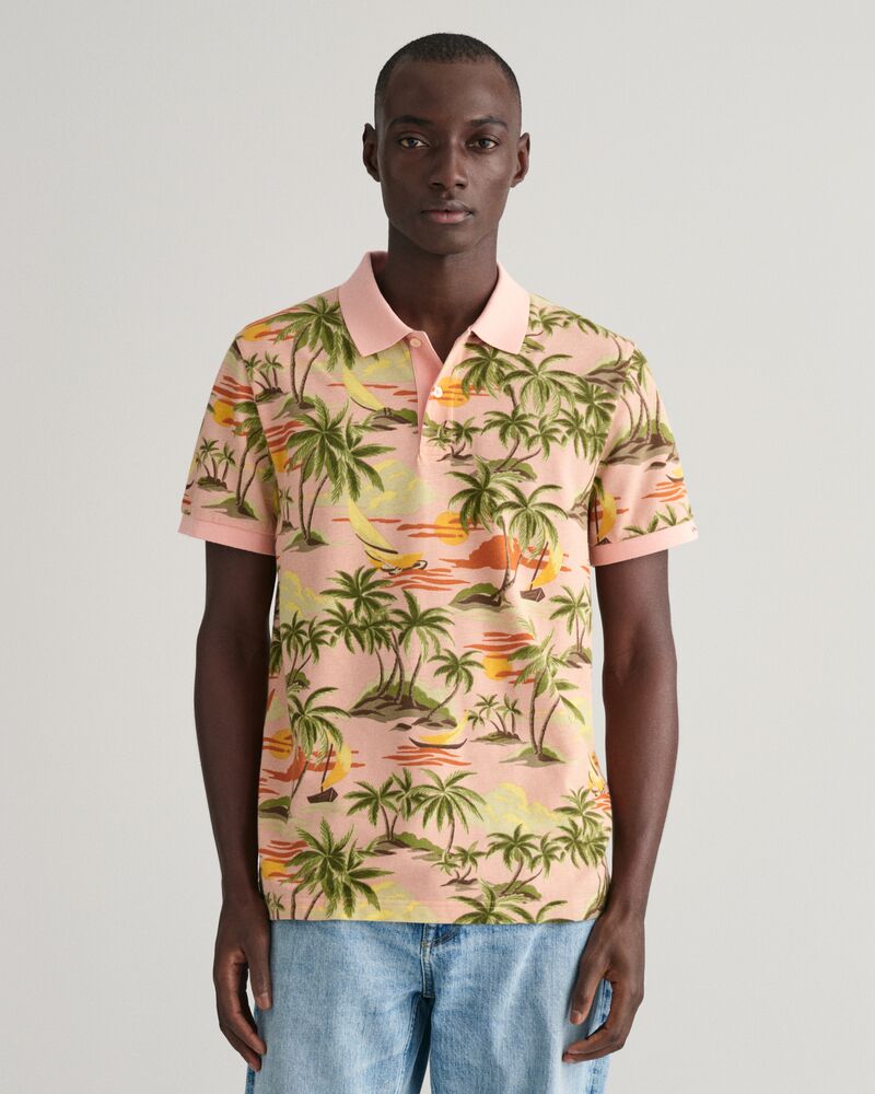 Hawaiian Print Polo Shirt S / PEACHY PINK