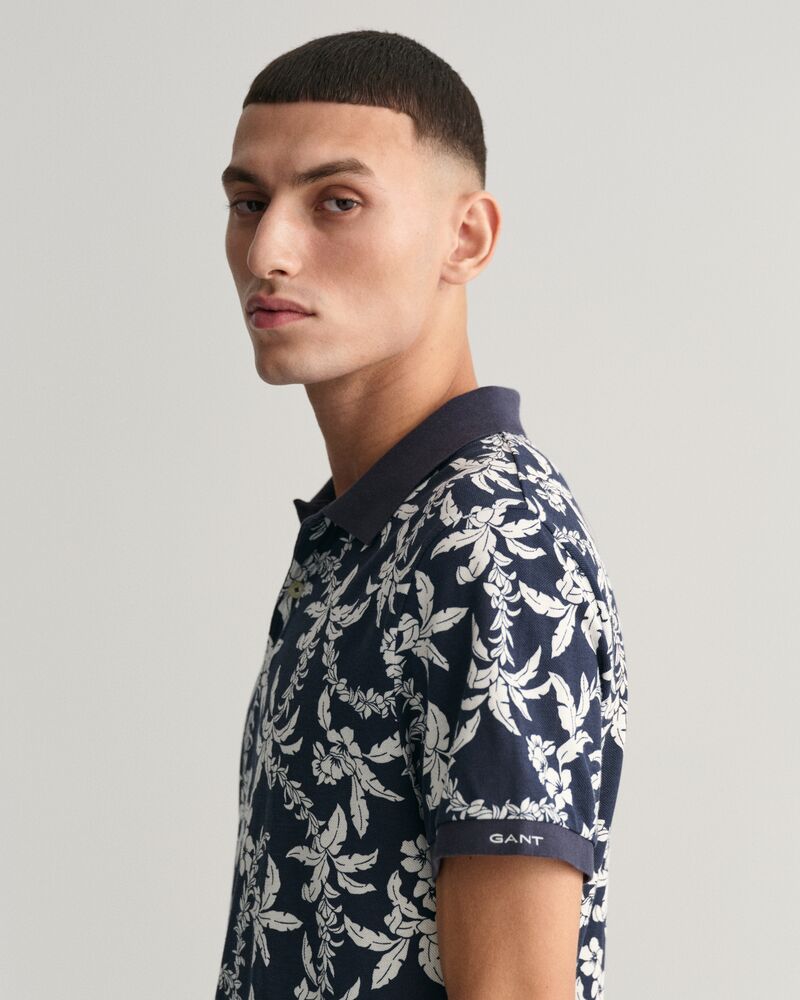 Palm Lei Print Piqué Polo Shirt S / EVENING BLUE