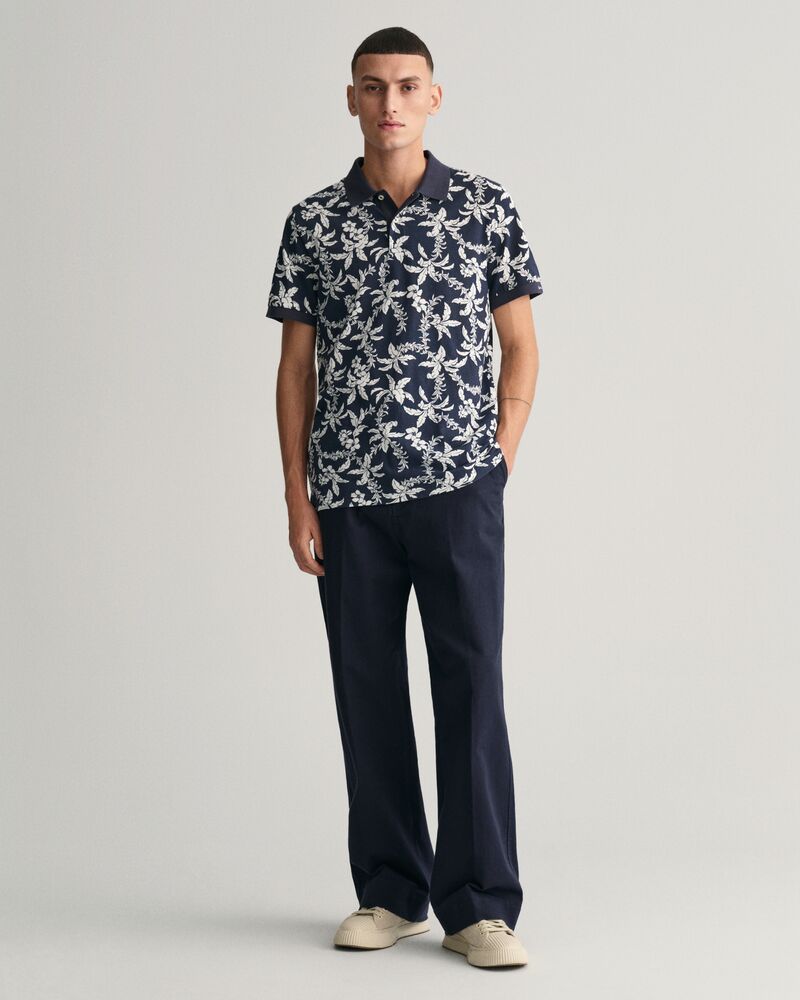 Palm Lei Print Piqué Polo Shirt S / EVENING BLUE