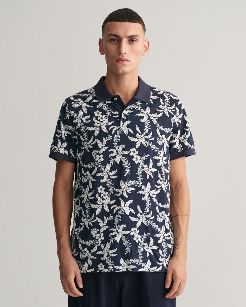 Palm Lei Print Piqué Polo Shirt S / EVENING BLUE