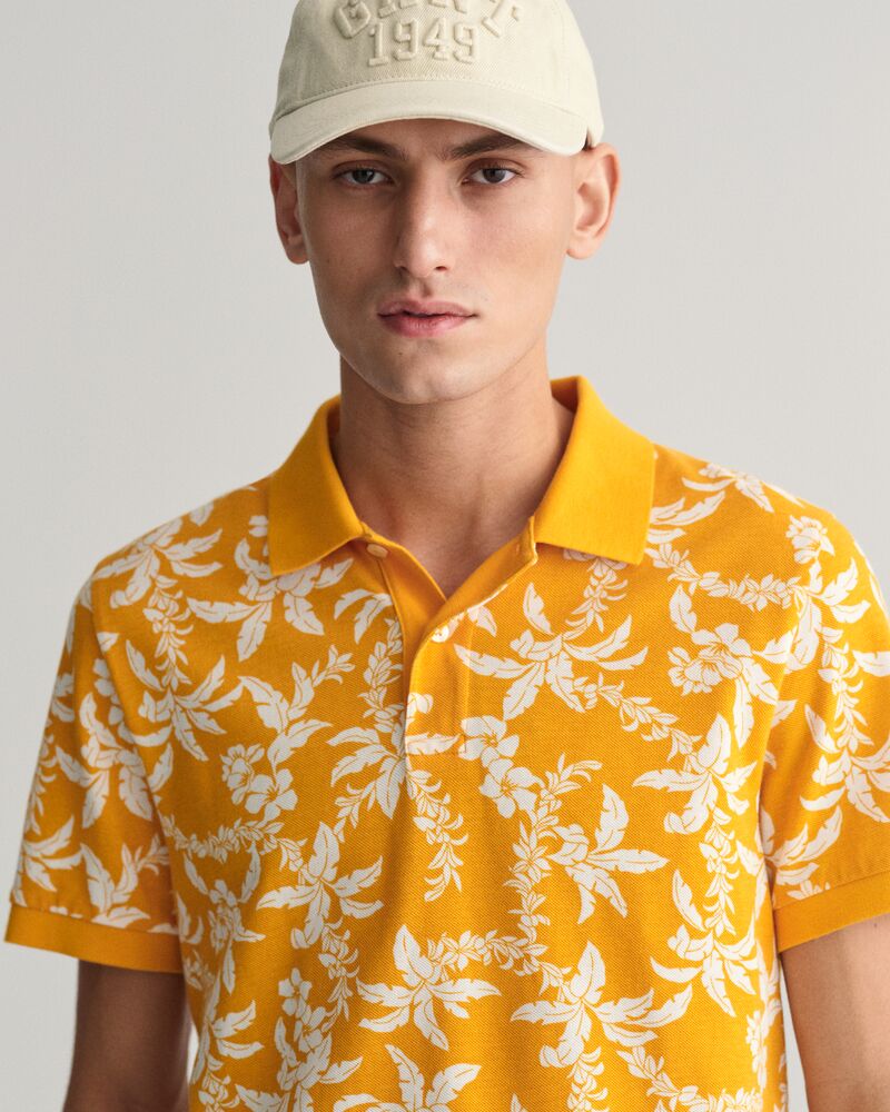 Palm Lei Print Piqué Polo Shirt S / MEDAL YELLOW
