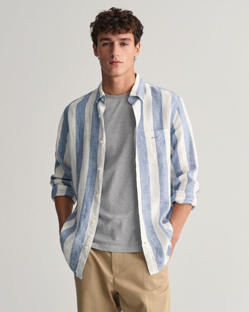 Regular Fit Bold Striped Linen Shirt S / SALTY SEA
