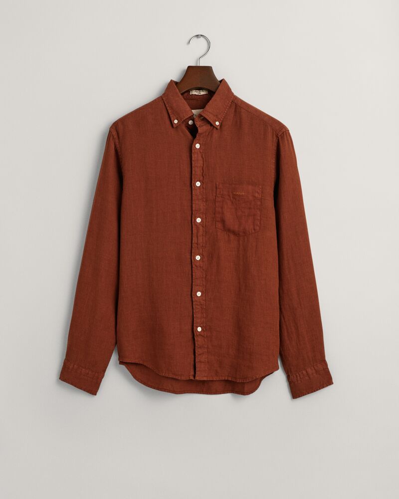 Regular Fit Garment-Dyed Linen Shirt S / COGNAC BROWN