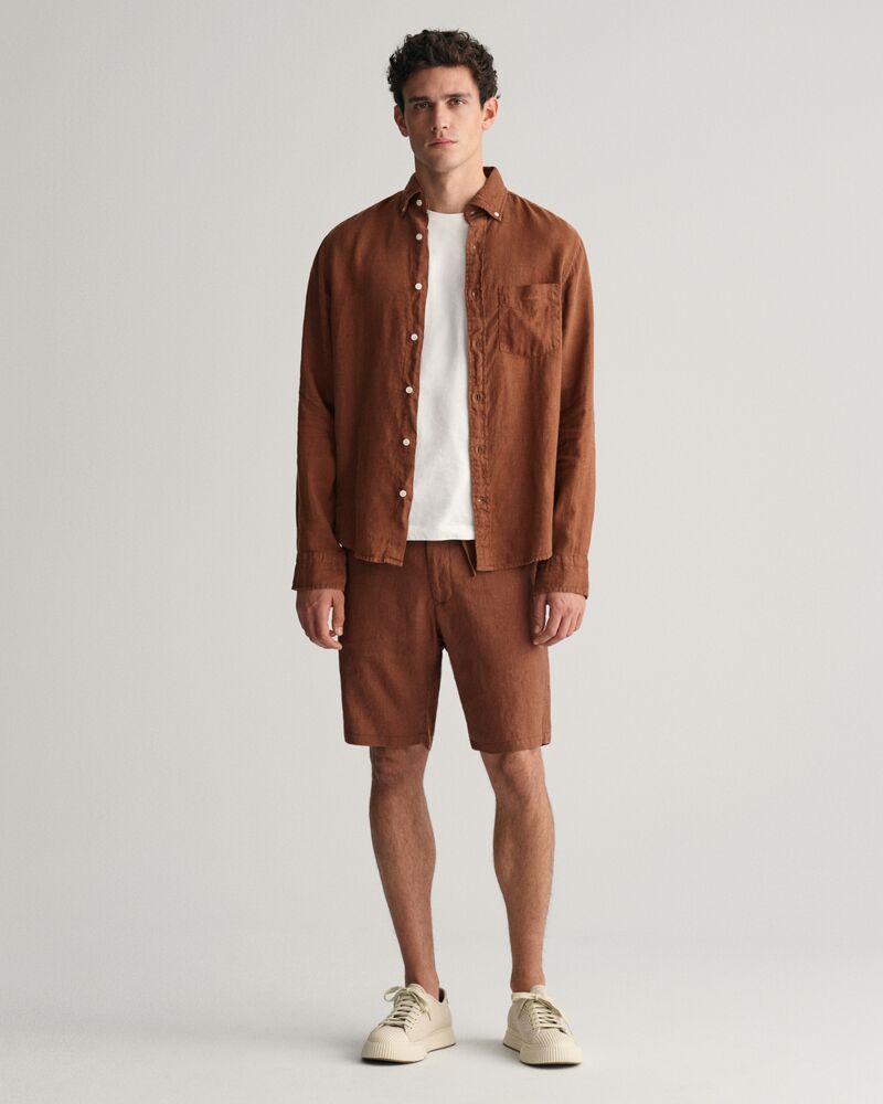 Regular Fit Garment-Dyed Linen Shirt S / COGNAC BROWN