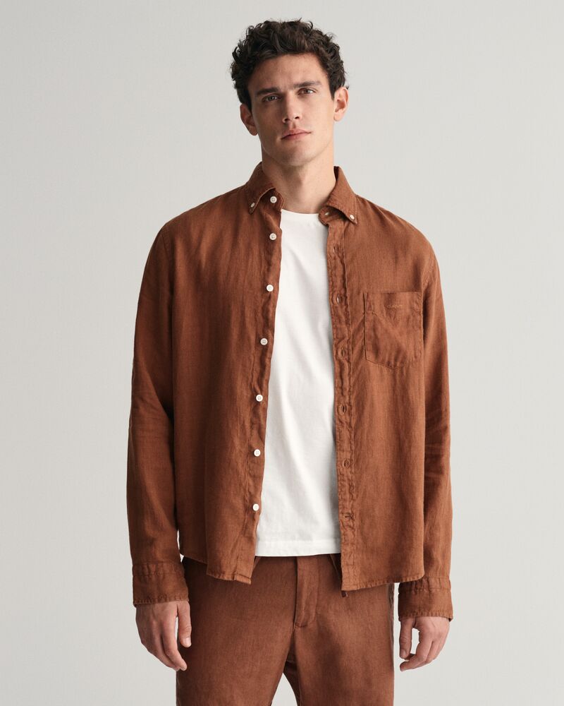 Regular Fit Garment-Dyed Linen Shirt S / COGNAC BROWN