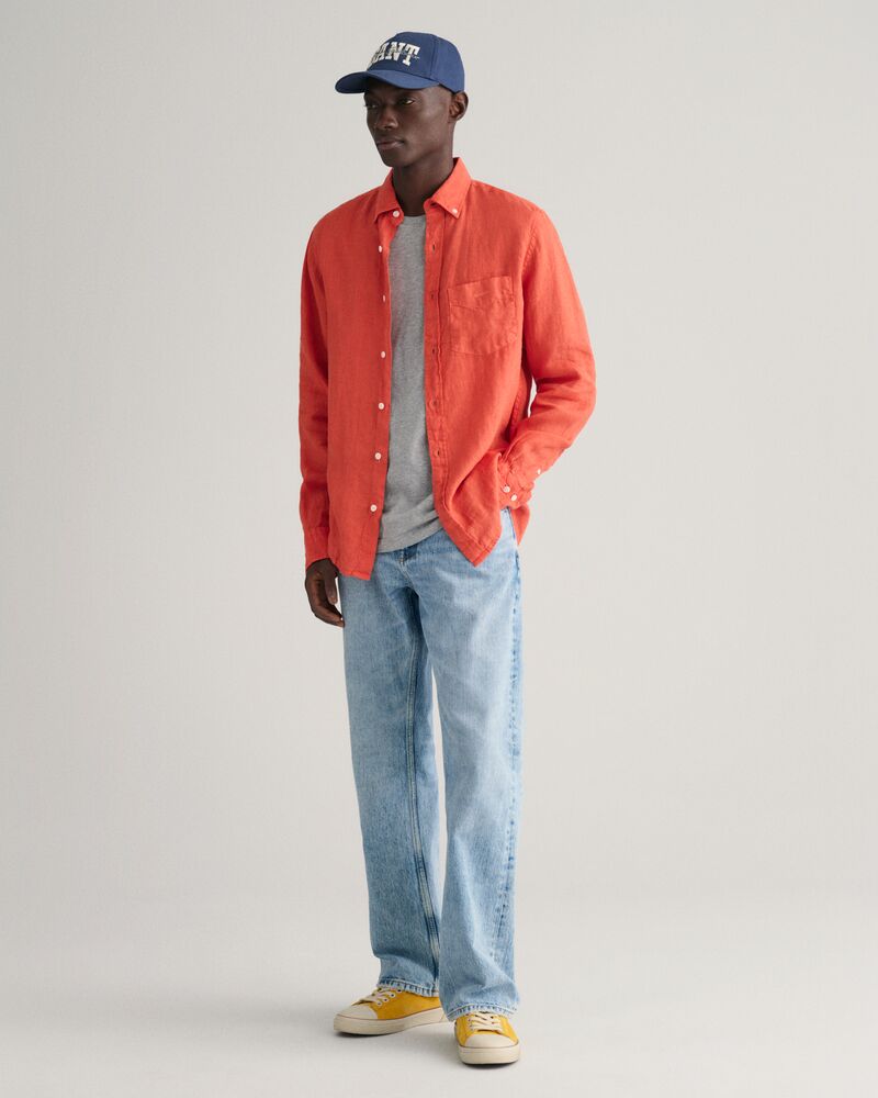 Regular Fit Garment-Dyed Linen Shirt S / BURNT ORANGE