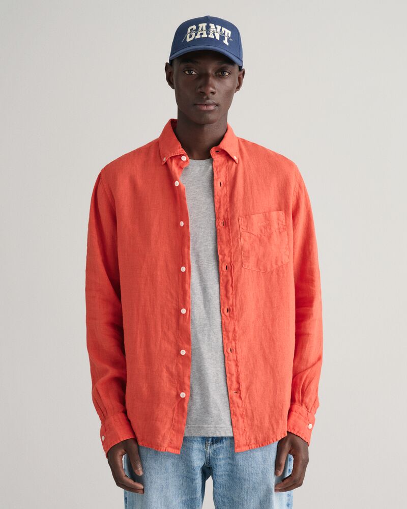 Regular Fit Garment-Dyed Linen Shirt S / BURNT ORANGE