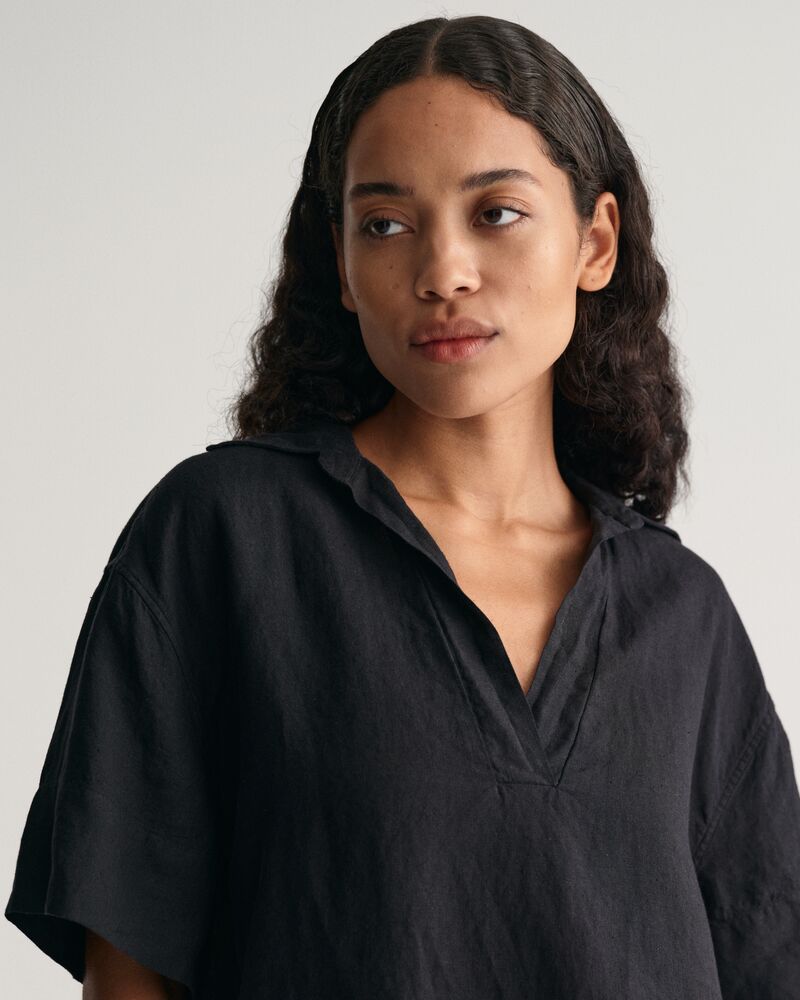 Relaxed Fit Linen Popover Short Sleeve Shirt Ebony Black / 32