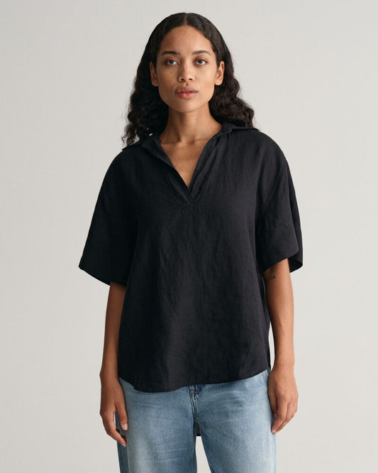 Relaxed Fit Linen Popover Short Sleeve Shirt Ebony Black / 32