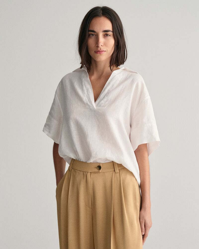 Relaxed Fit Linen Popover Short Sleeve Shirt White / 32