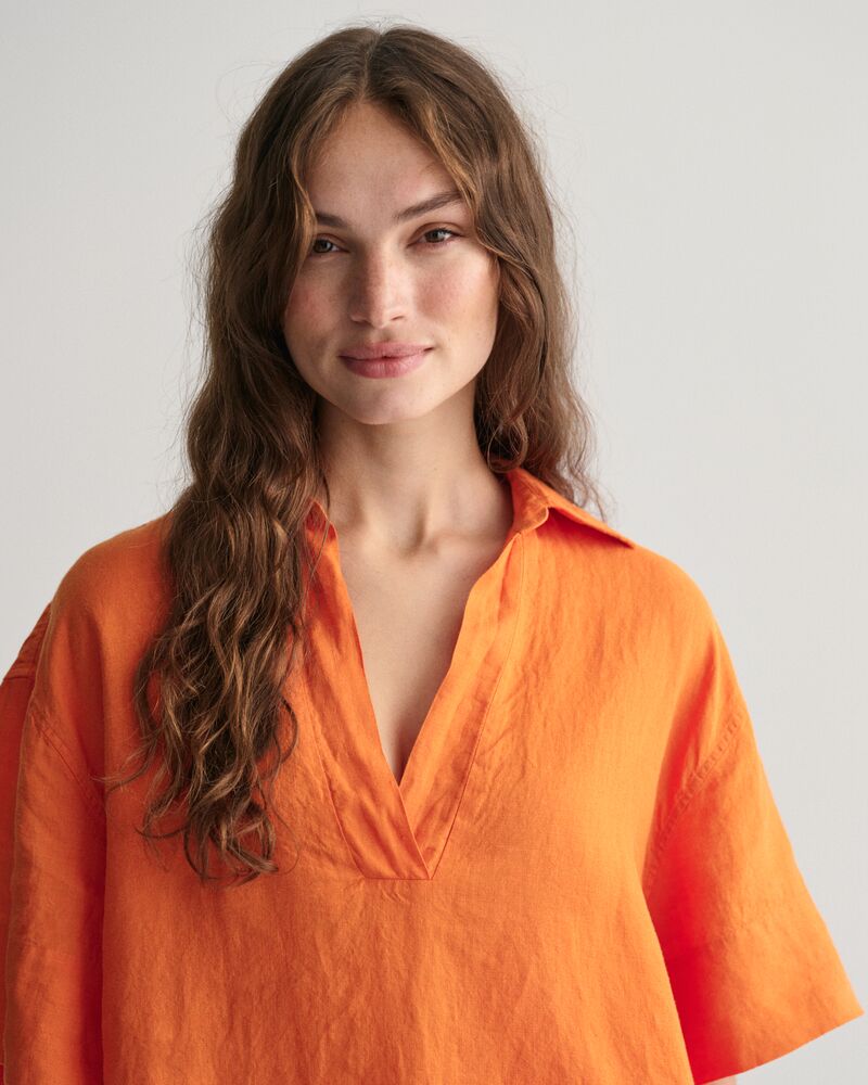 Relaxed Fit Linen Popover Short Sleeve Shirt Pumpkin Orange / 32