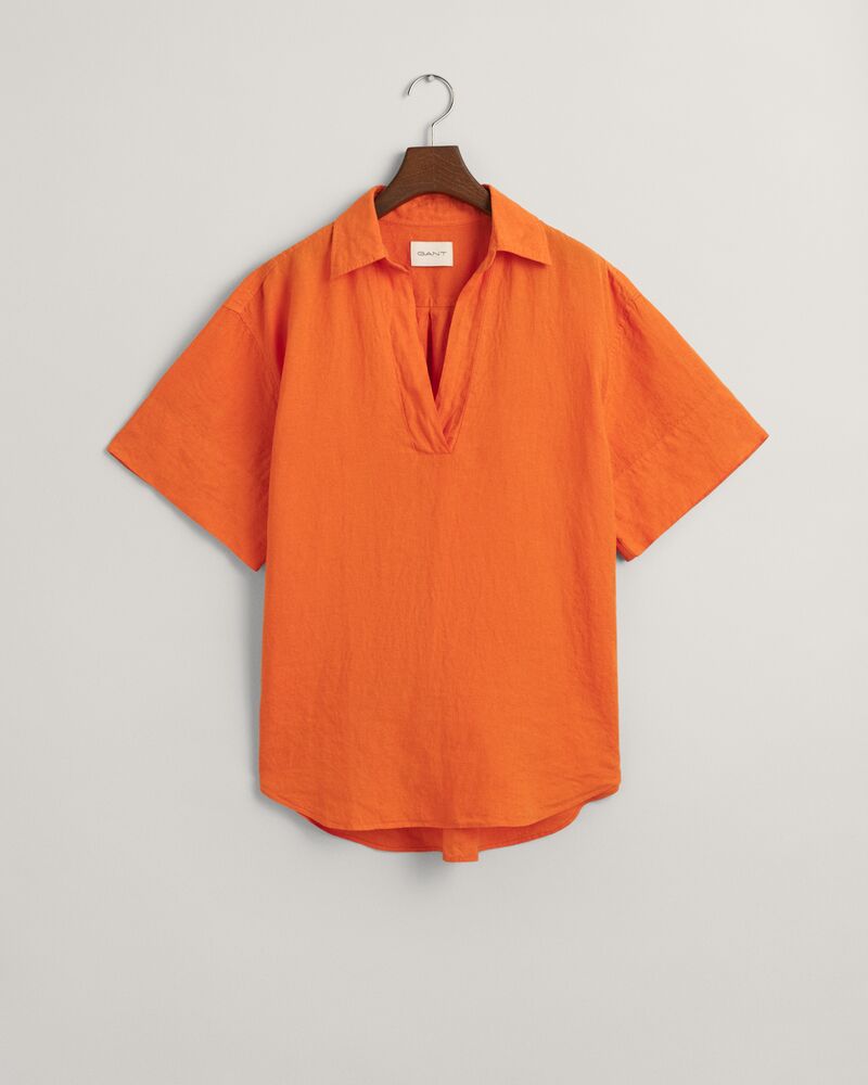 Relaxed Fit Linen Popover Short Sleeve Shirt Pumpkin Orange / 32