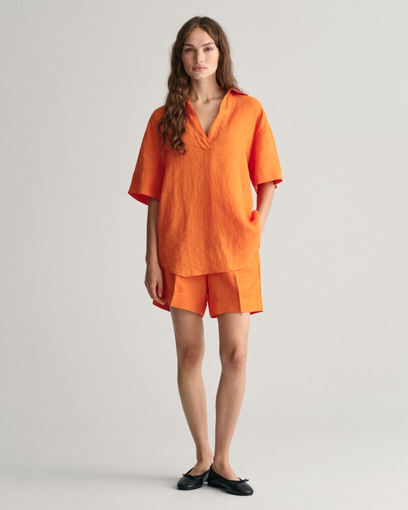 Relaxed Fit Linen Popover Short Sleeve Shirt Pumpkin Orange / 32