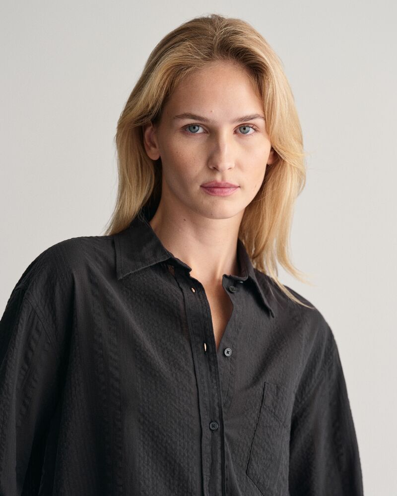 Relaxed Fit Seersucker Striped Shirt Black / 32