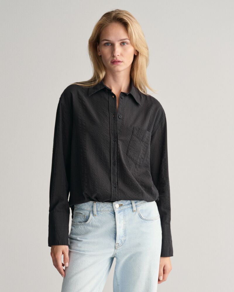 Relaxed Fit Seersucker Striped Shirt Black / 32