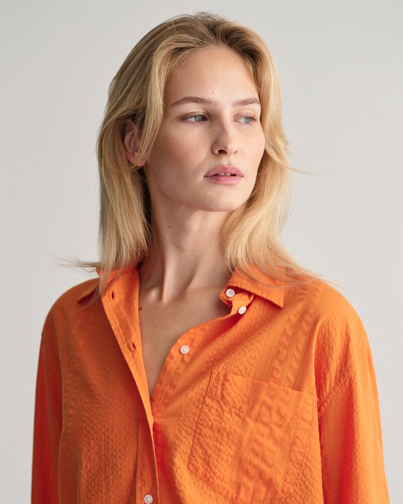 Relaxed Fit Seersucker Striped Shirt 32 / PUMPKIN ORANGE