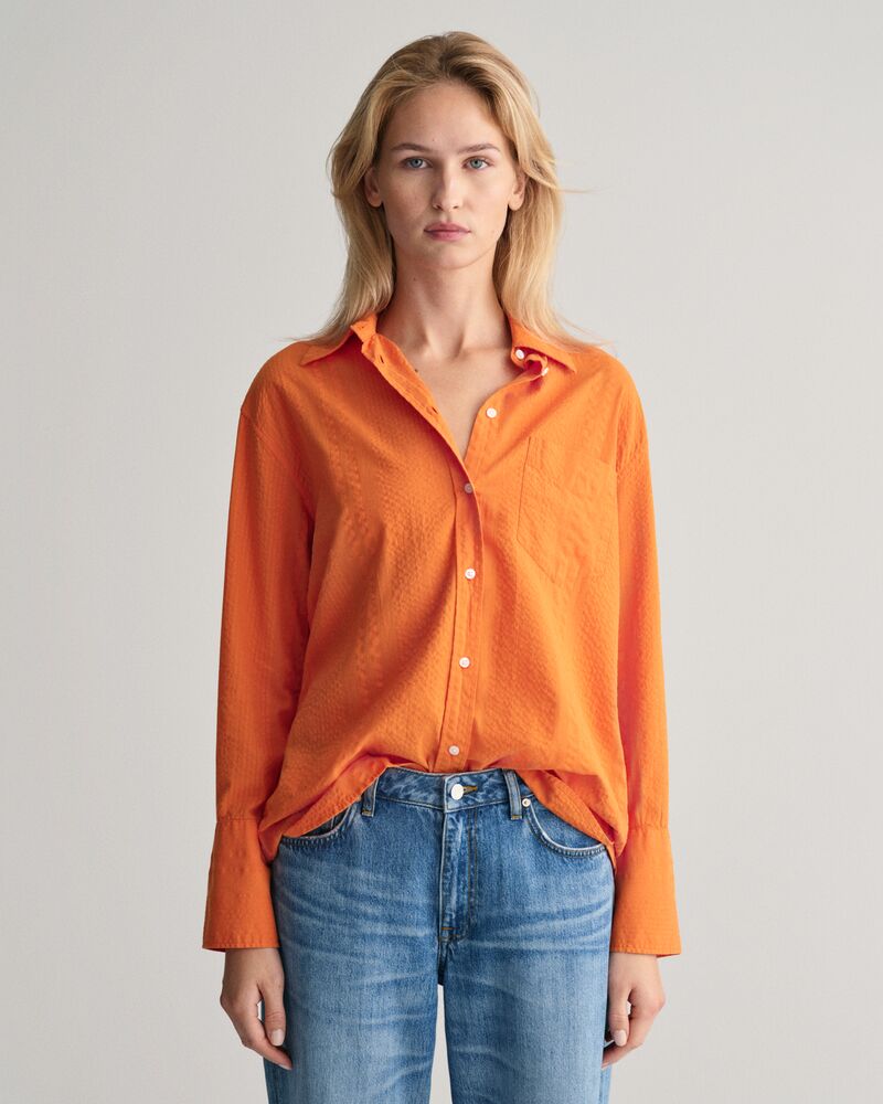 Relaxed Fit Seersucker Striped Shirt 32 / PUMPKIN ORANGE