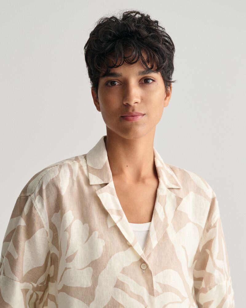 Relaxed Fit Palm Print Linen Short Sleeve Shirt Dry Sand / 32