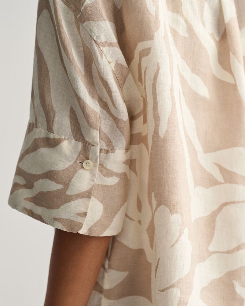 Relaxed Fit Palm Print Linen Short Sleeve Shirt Dry Sand / 32