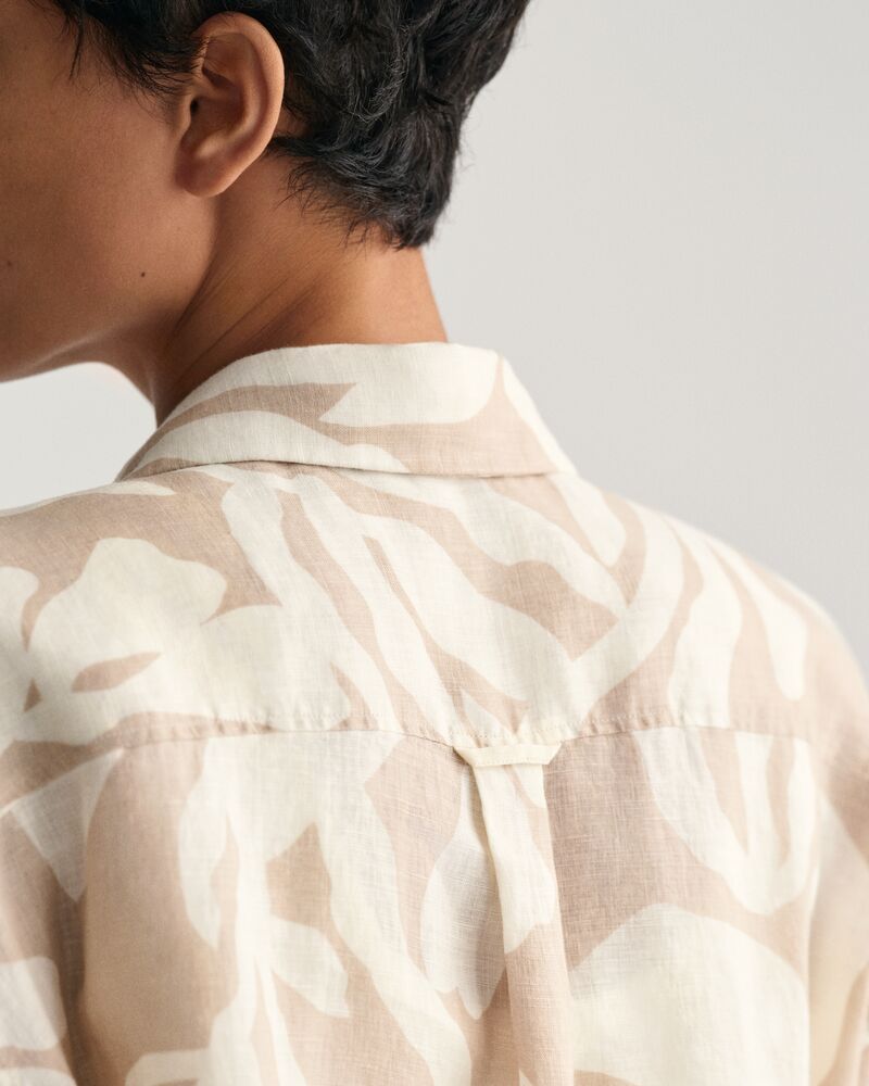 Relaxed Fit Palm Print Linen Short Sleeve Shirt Dry Sand / 32