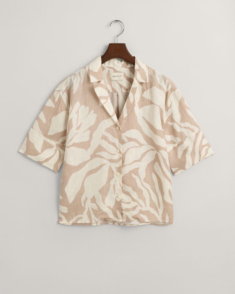 Relaxed Fit Palm Print Linen Short Sleeve Shirt Dry Sand / 32