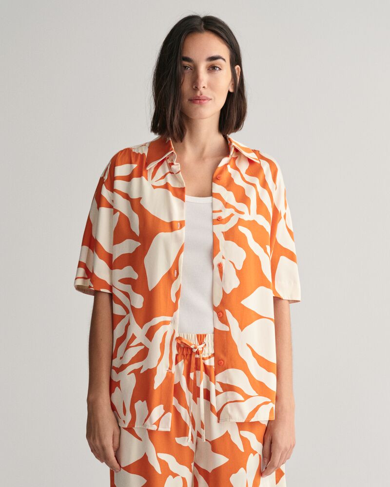 Relaxed Fit Palm Print Short Sleeve Shirt 32 / PUMPKIN ORANGE